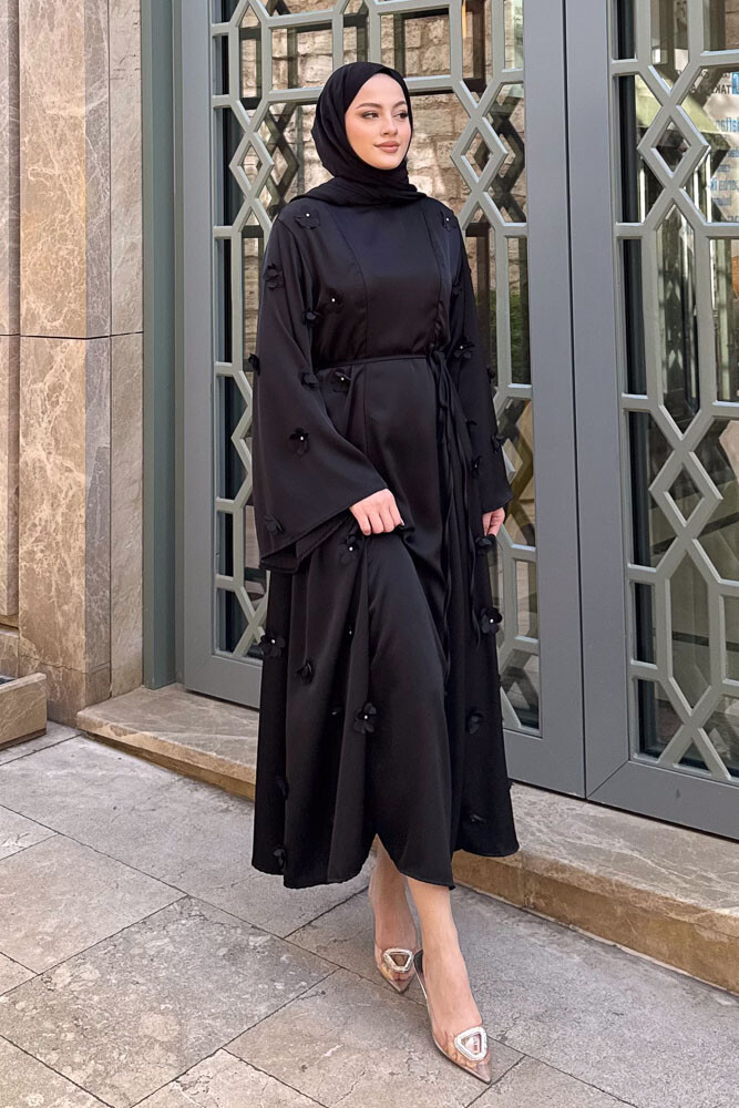 Minik Çiçekli Abaya - Siyah - 6