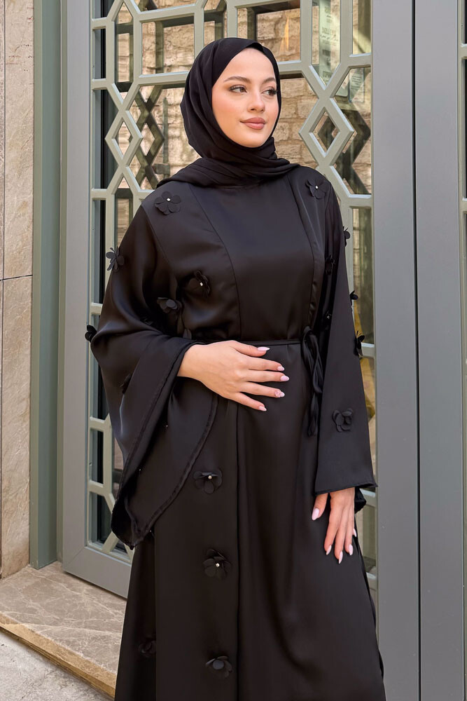 Minik Çiçekli Abaya - Siyah - 7