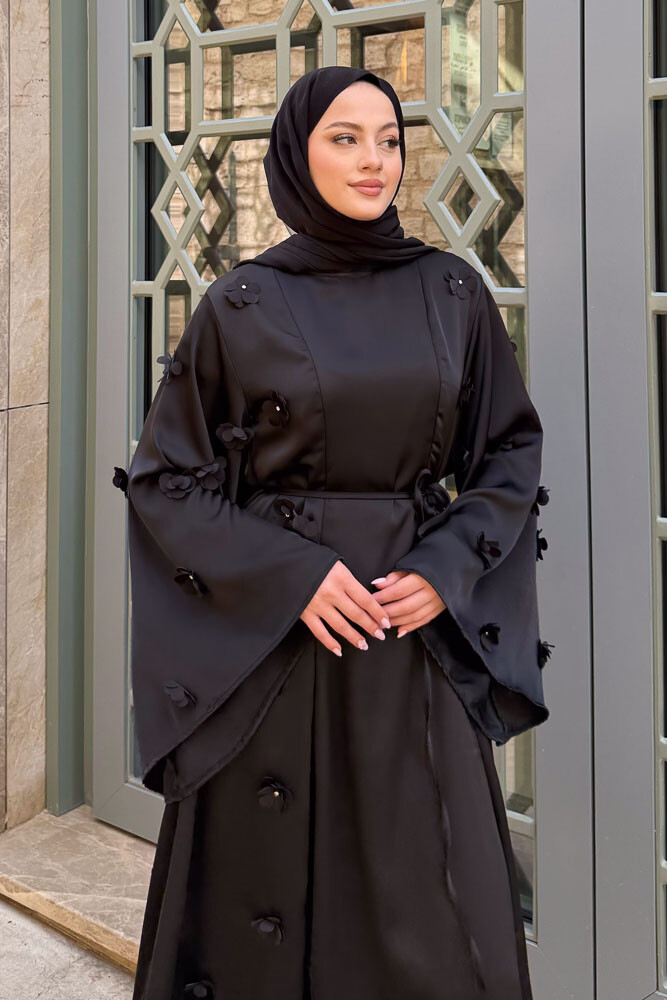 Minik Çiçekli Abaya - Siyah - 2