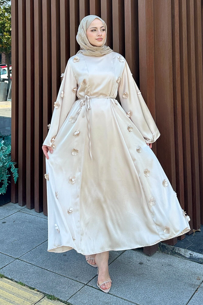 Minik Çiçekli Abaya - Taş Rengi 