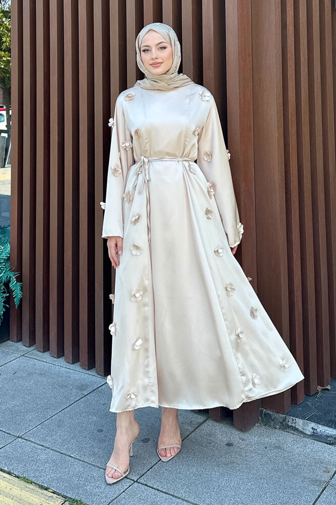 Minik Çiçekli Abaya - Taş Rengi - 2