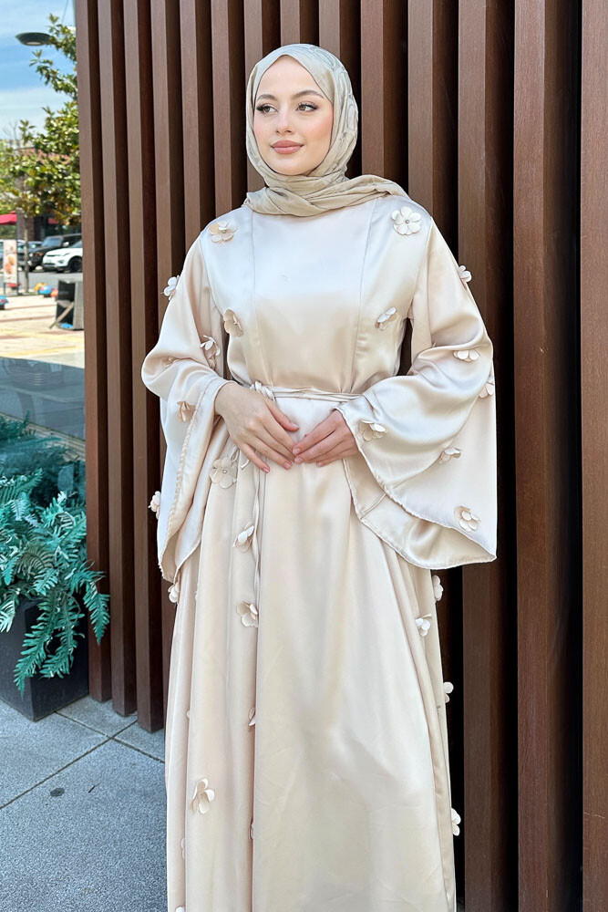 Minik Çiçekli Abaya - Taş Rengi - 3