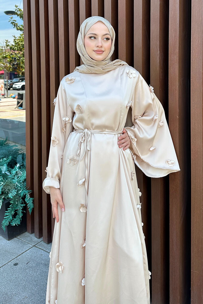 Minik Çiçekli Abaya - Taş Rengi - 5