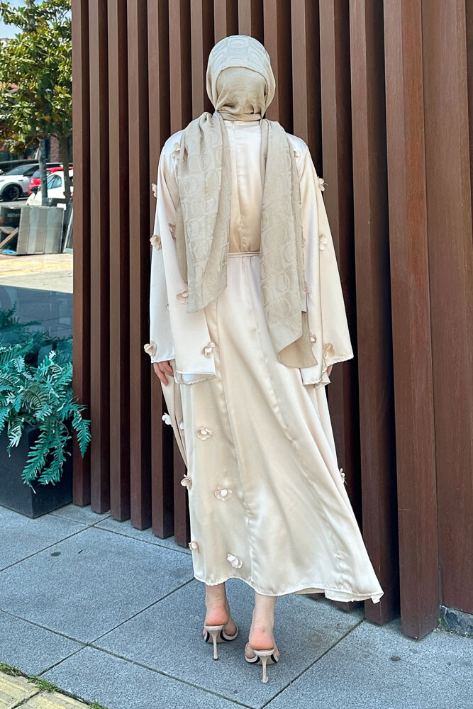 Minik Çiçekli Abaya - Taş Rengi - 8