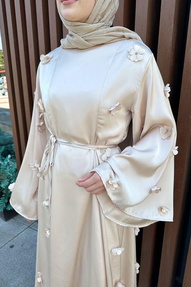 Minik Çiçekli Abaya - Taş Rengi - 6