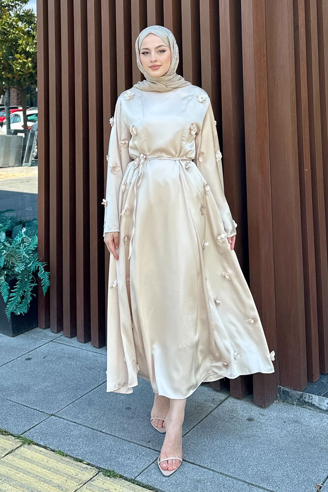 Minik Çiçekli Abaya - Taş Rengi - 7