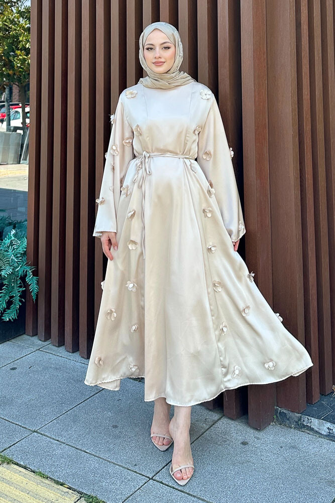 Minik Çiçekli Abaya - Taş Rengi - 4