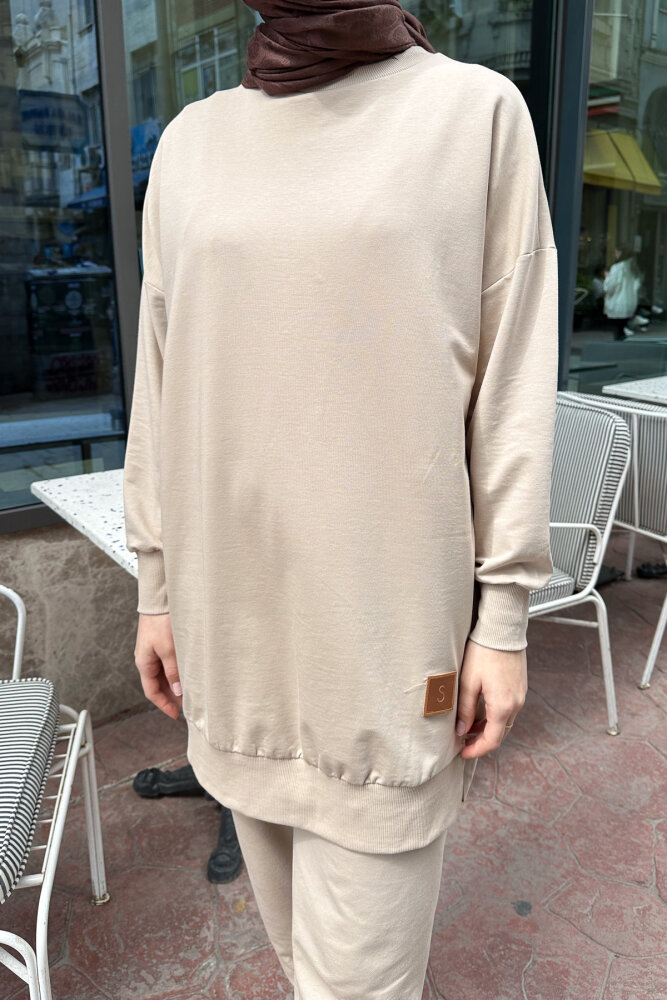 Minimal Düz Basic Sweat - Bej - PUANE (2)