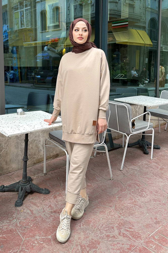 Minimal Düz Basic Sweat - Bej - 1