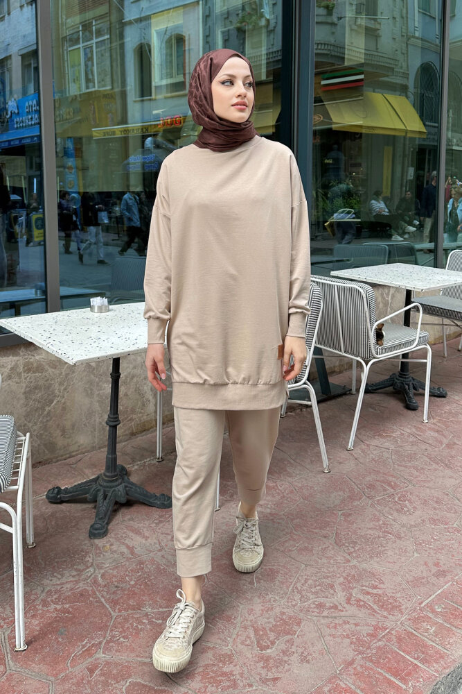 Minimal Düz Basic Sweat - Bej - PUANE (1)