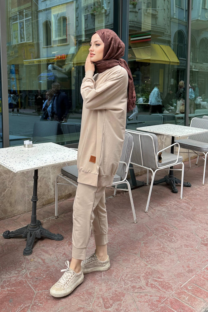 Minimal Düz Basic Sweat - Bej - 6