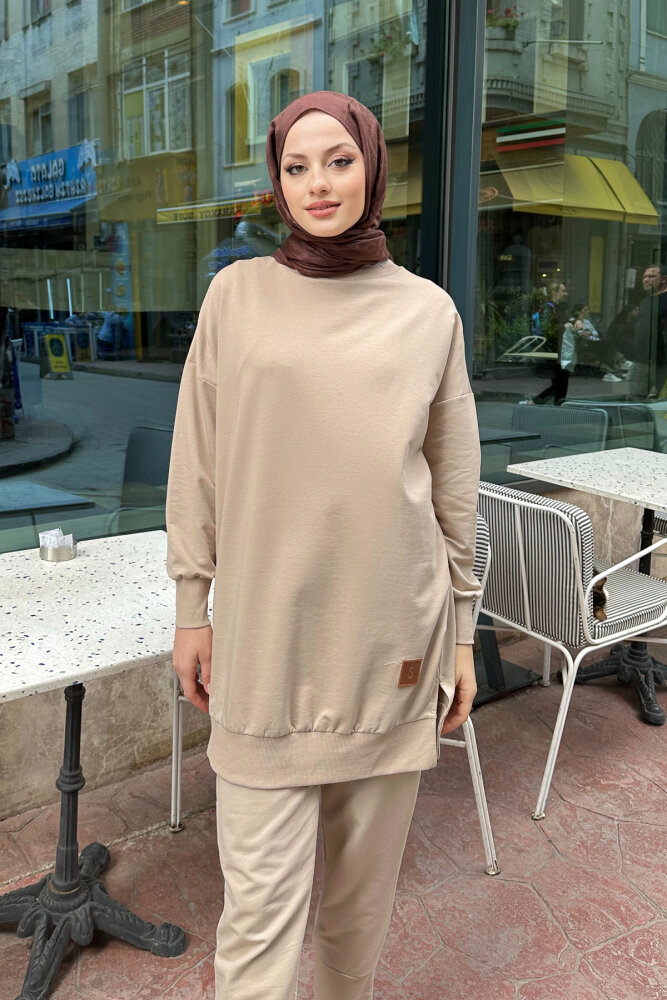 Minimal Düz Basic Sweat - Bej - 7