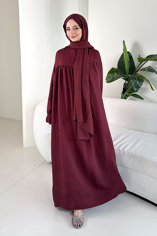 Mira Kolları Fırfır Detaylı Salaş Elbise - Bordo - 3