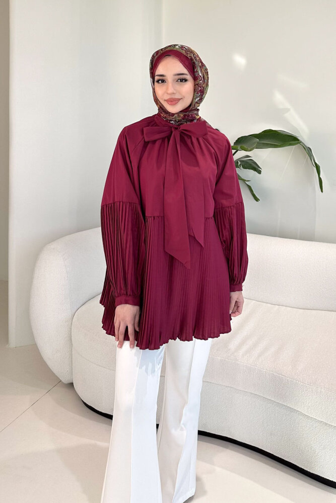 Missy Piliseli Gömlek - Bordo - 6