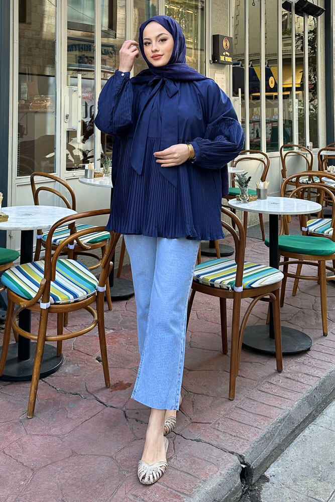 Missy Piliseli Gömlek - Lacivert - HENZA (3)