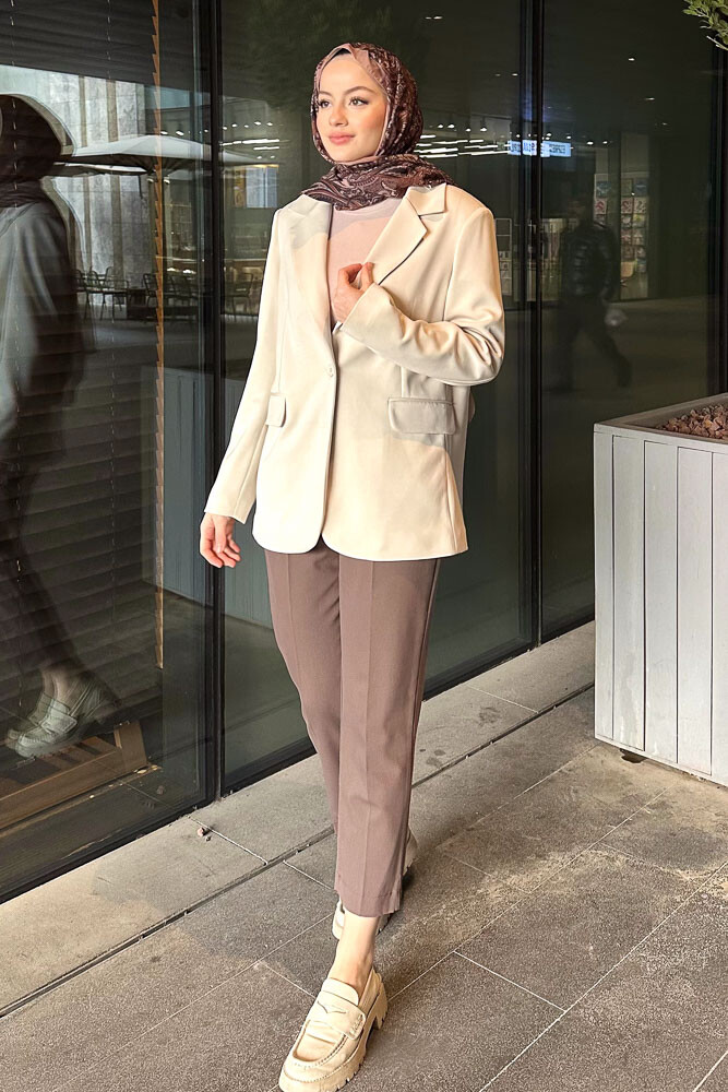 Modal Tek Düğmeli Ceket - Bej - İKOL (5)