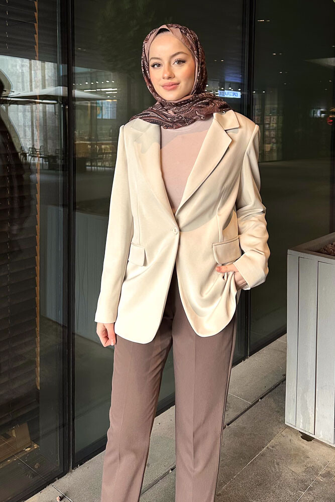 Modal Tek Düğmeli Ceket - Bej - İKOL (1)