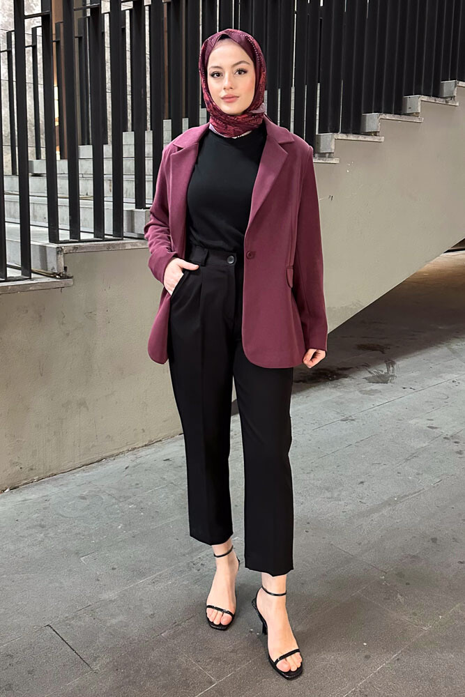 Modal Tek Düğmeli Ceket - Bordo - İKOL (4)