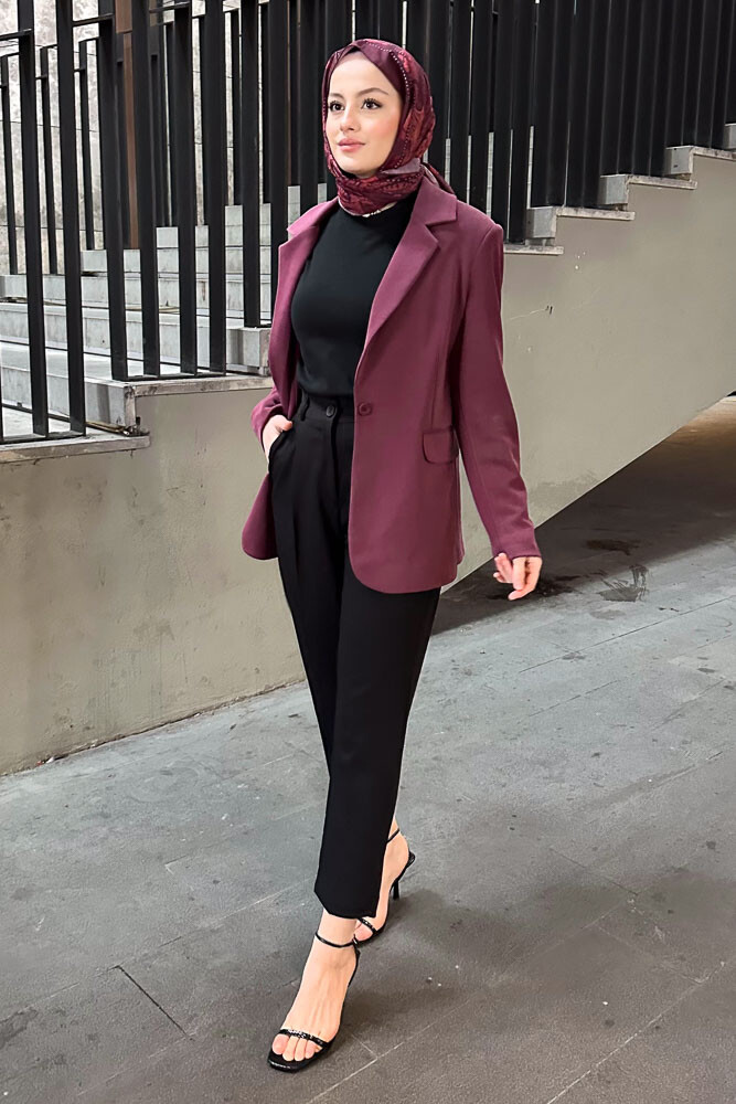 Modal Tek Düğmeli Ceket - Bordo - İKOL (3)