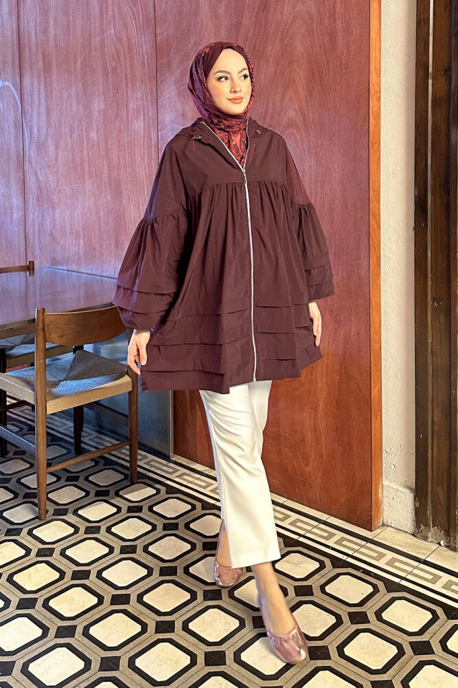 Moss Kapüşonlu Trençkot - Bordo - 3