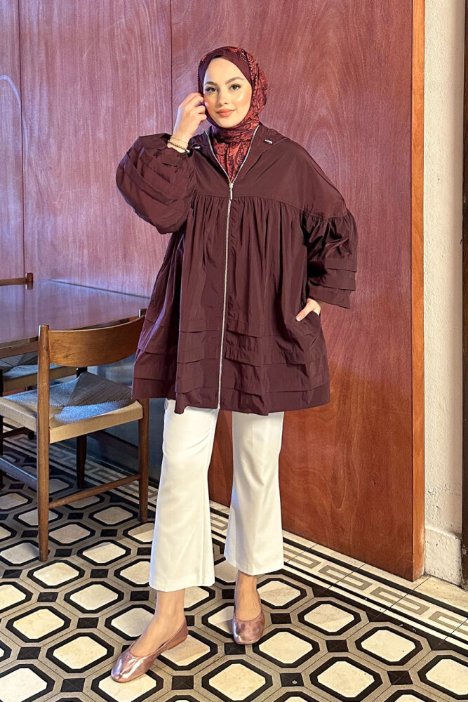 Moss Kapüşonlu Trençkot - Bordo - 1