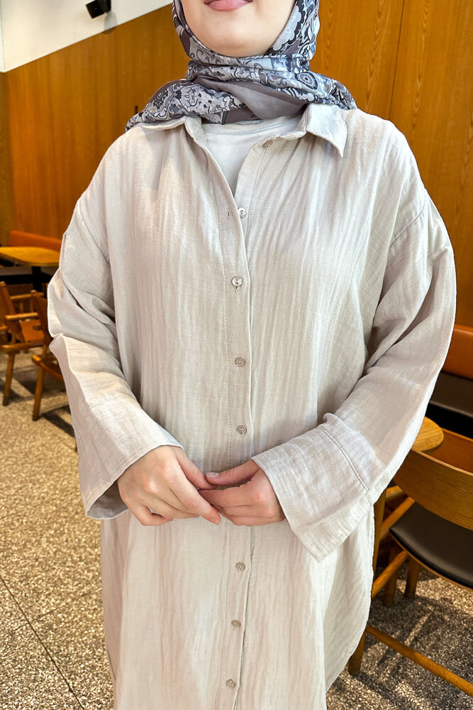 Müslin Uzun Gömlek - Bej - 3