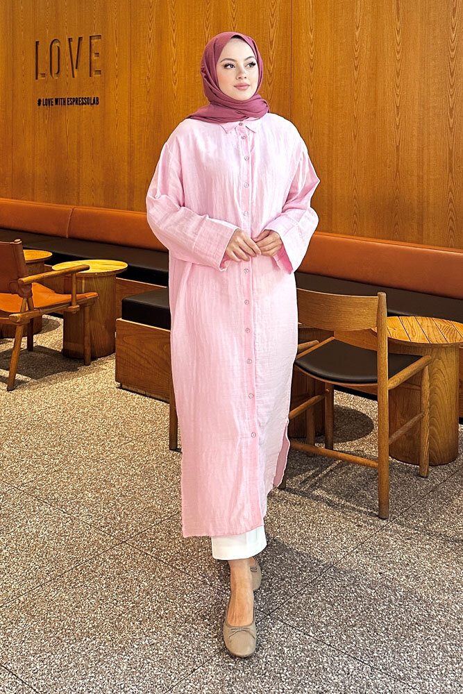 Müslin Uzun Gömlek - Pembe - 1
