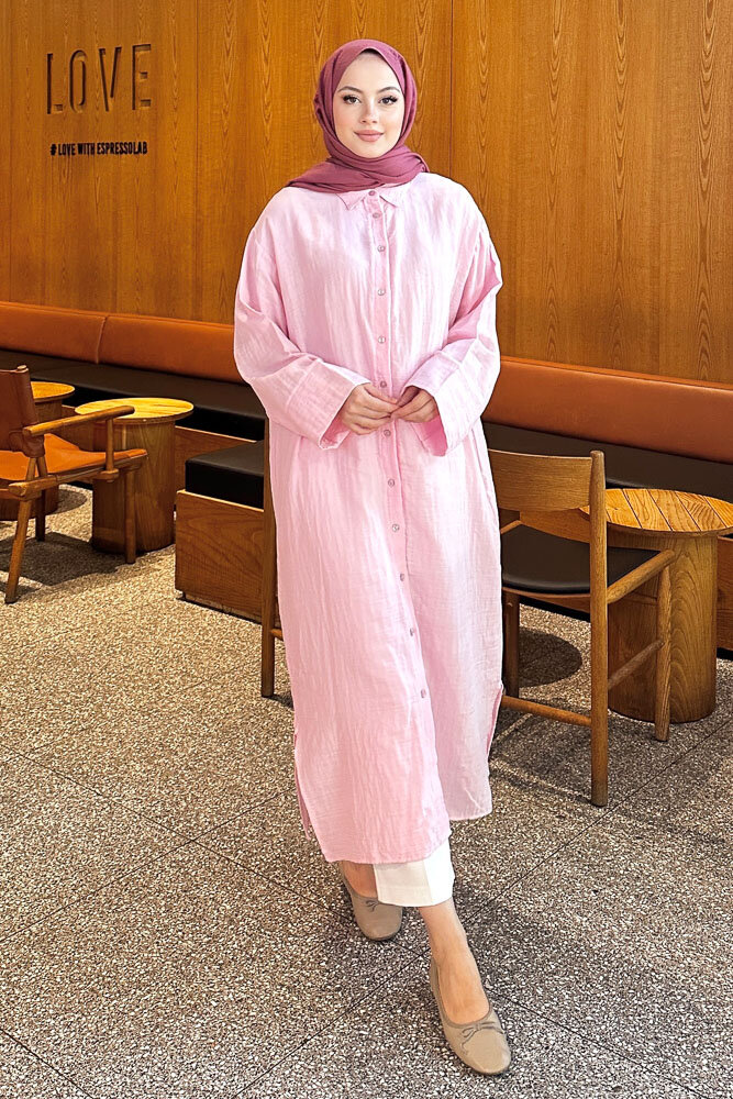 Müslin Uzun Gömlek - Pembe - 6