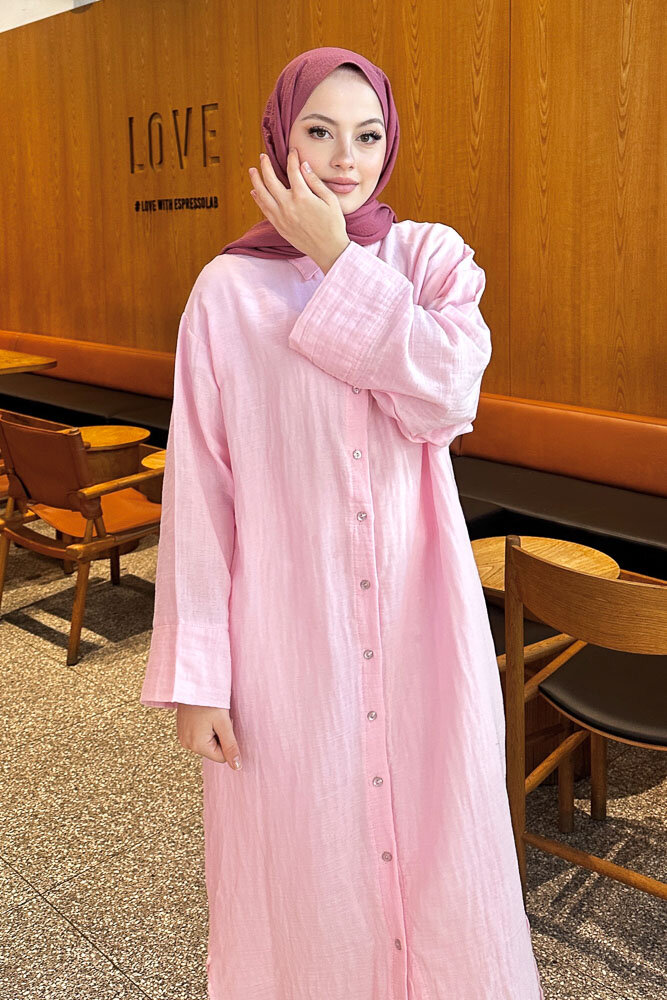 Müslin Uzun Gömlek - Pembe - 5