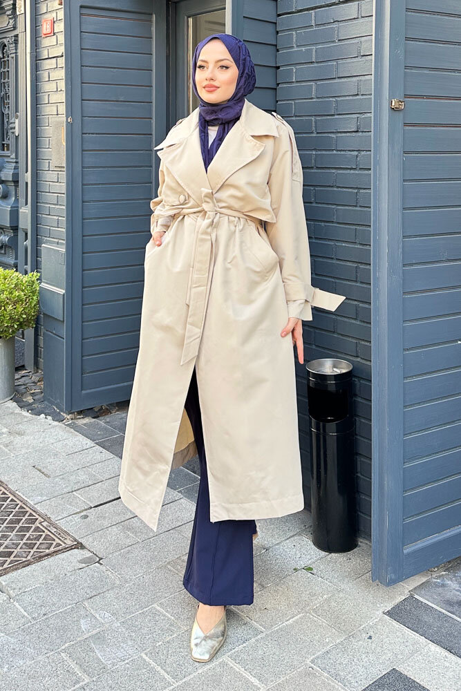 Myra Çift Rüzgarlıklı Trençkot - Taş Rengi - HENZA (1)