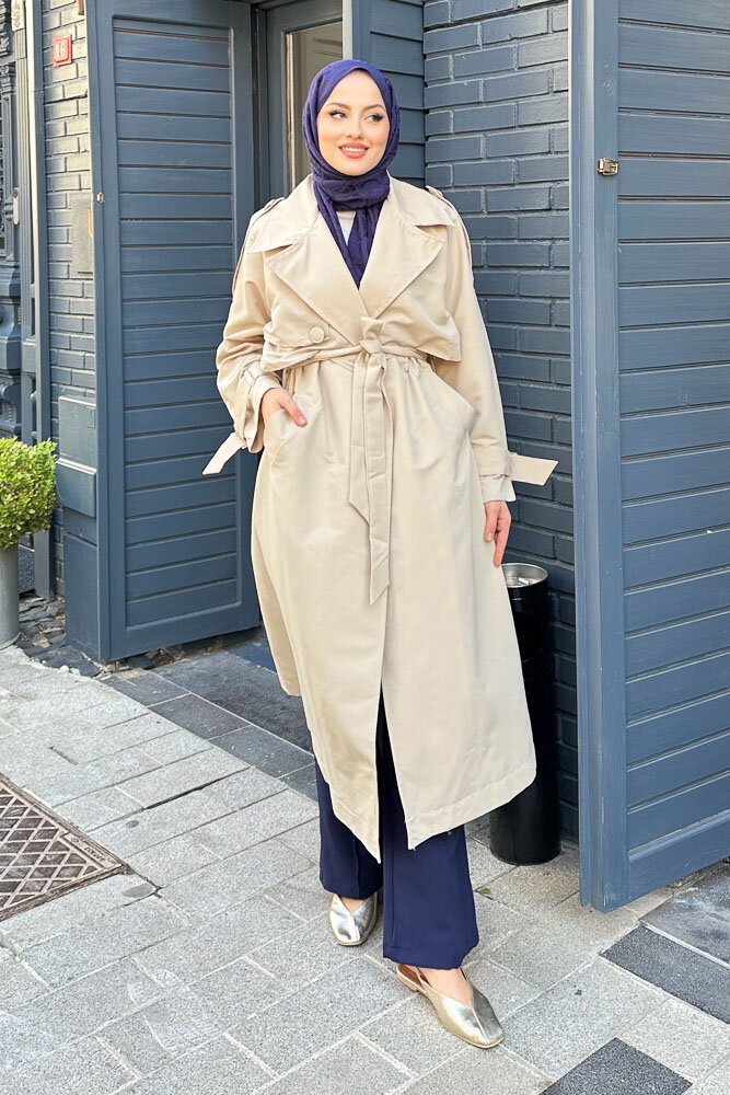 Myra Çift Rüzgarlıklı Trençkot - Taş Rengi - HENZA (4)