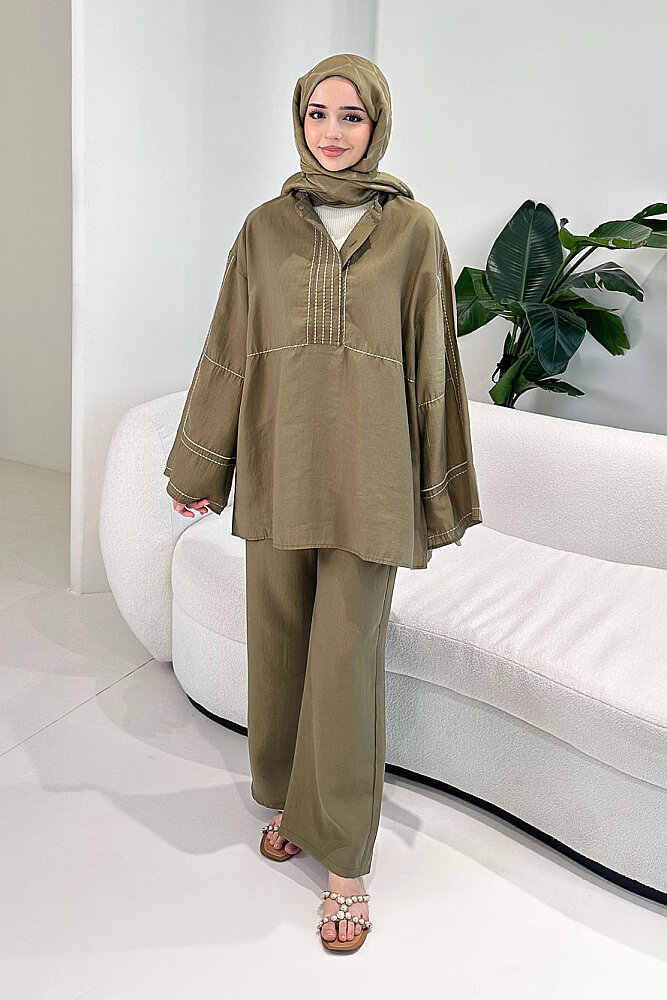 Nakış Detaylı Tesla Takım - Haki - ENMA (5)