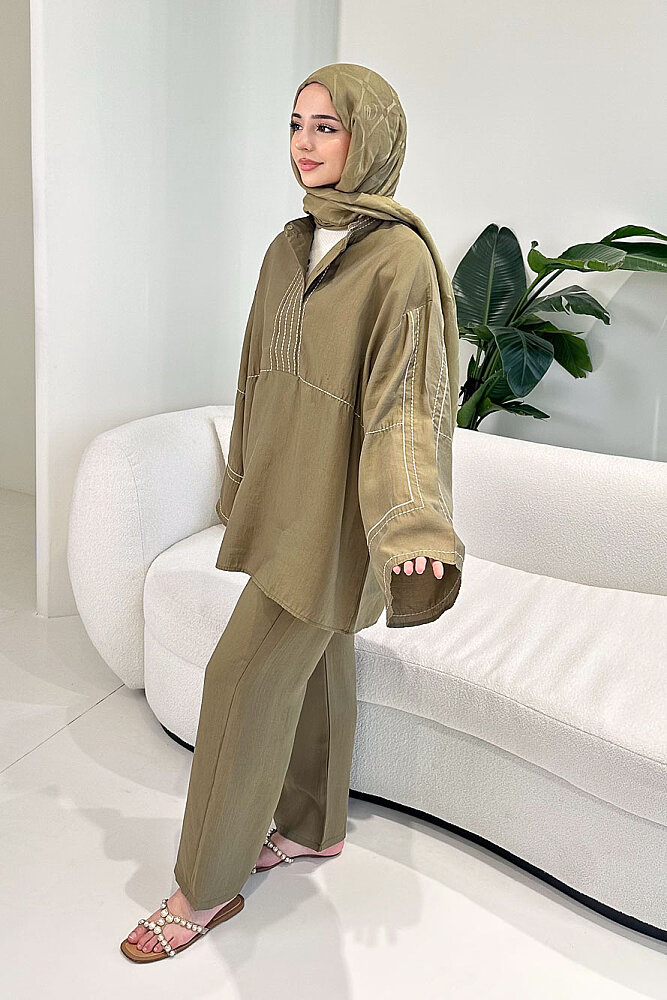 Nakış Detaylı Tesla Takım - Haki - 7