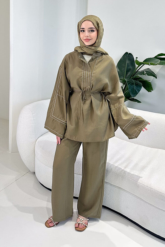Nakış Detaylı Tesla Takım - Haki - 1
