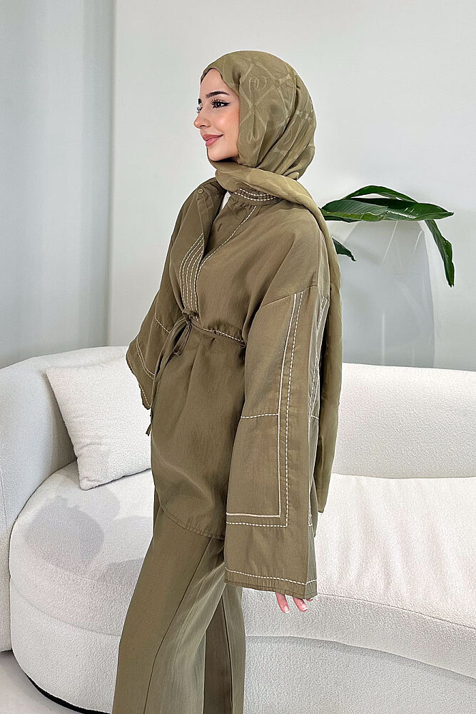 Nakış Detaylı Tesla Takım - Haki - 5