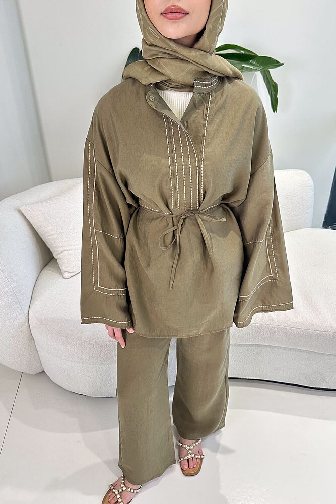 Nakış Detaylı Tesla Takım - Haki - ENMA (2)