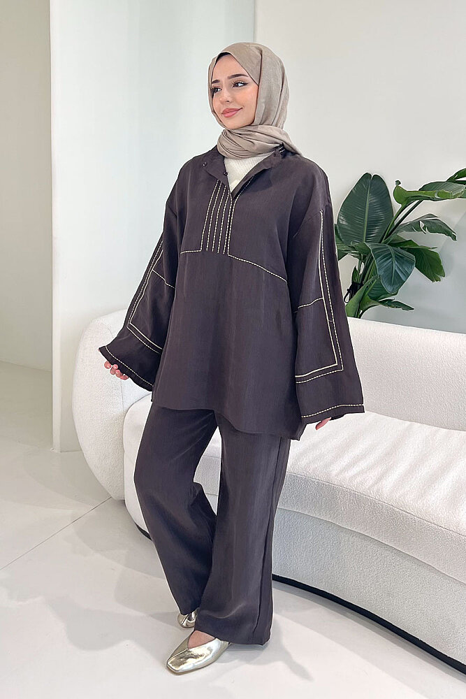 Nakış Detaylı Tesla Takım - Kahverengi - ENMA (0)