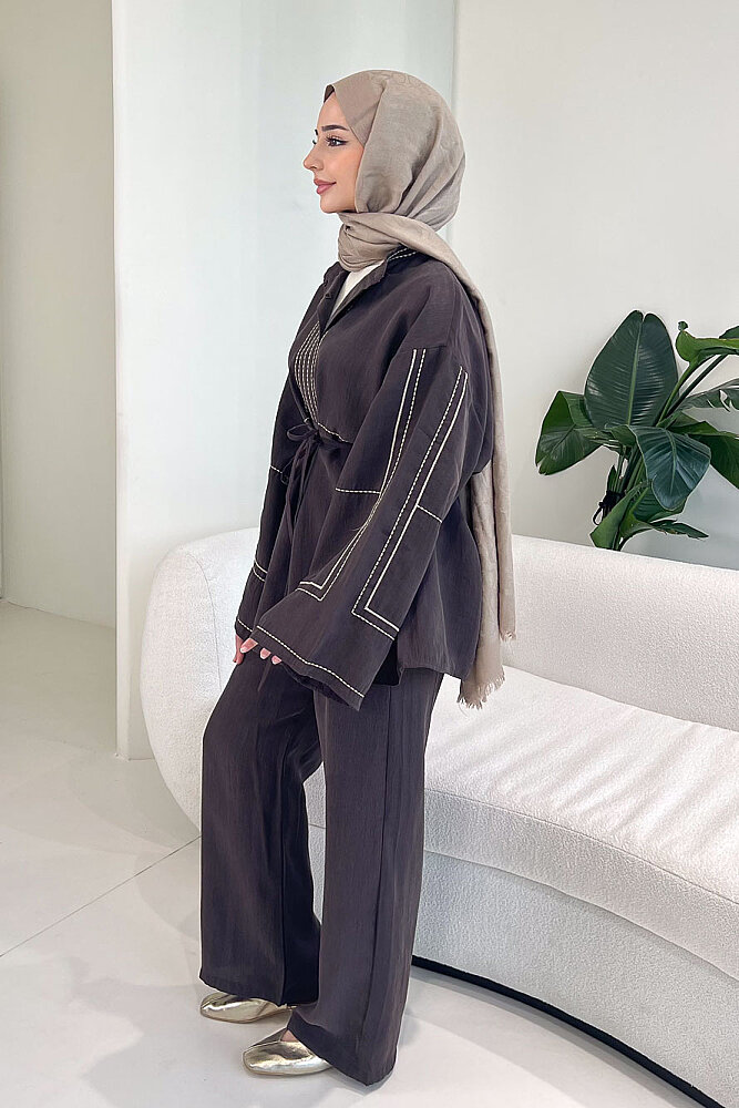 Nakış Detaylı Tesla Takım - Kahverengi - 7