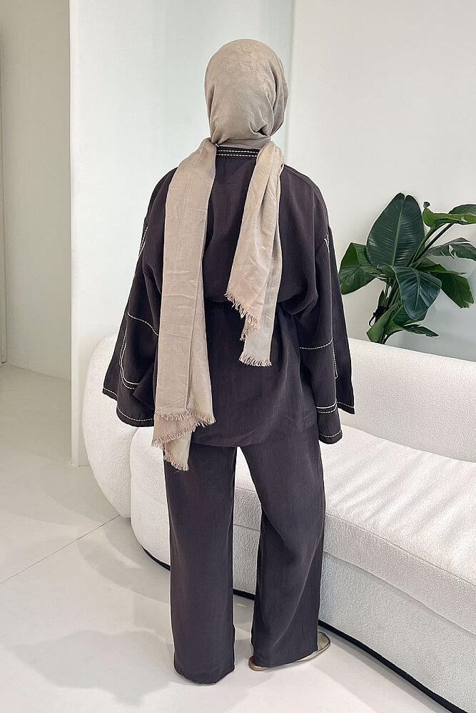 Nakış Detaylı Tesla Takım - Kahverengi - 8