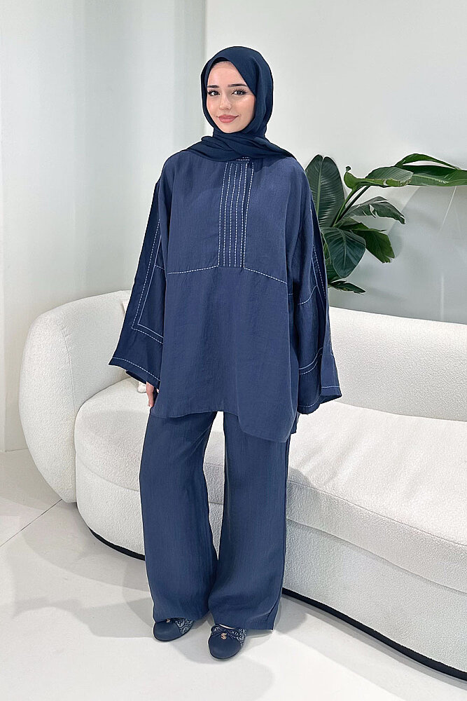 Nakış Detaylı Tesla Takım - Lacivert - 2
