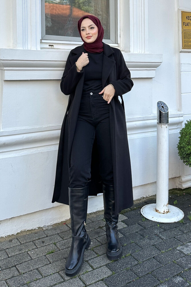 Narin Tam Boy Kaşe Kaban - Siyah - 2