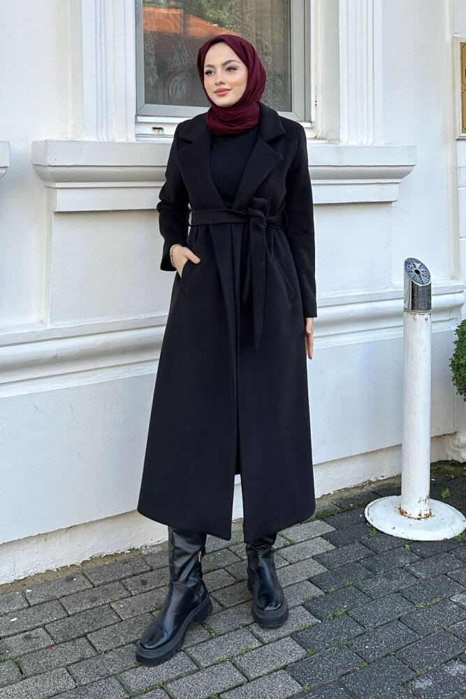 Narin Tam Boy Kaşe Kaban - Siyah - 4