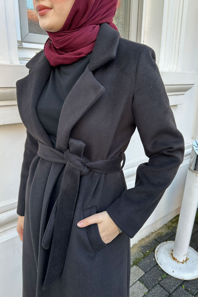 Narin Tam Boy Kaşe Kaban - Siyah - 8