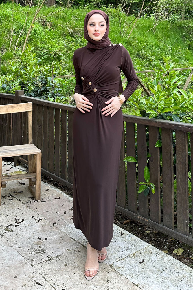 Nessa Gold Düğmeli Elbise - Kahverengi - 2