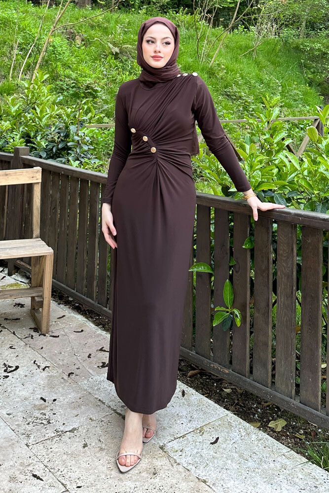 Nessa Gold Düğmeli Elbise - Kahverengi - 6