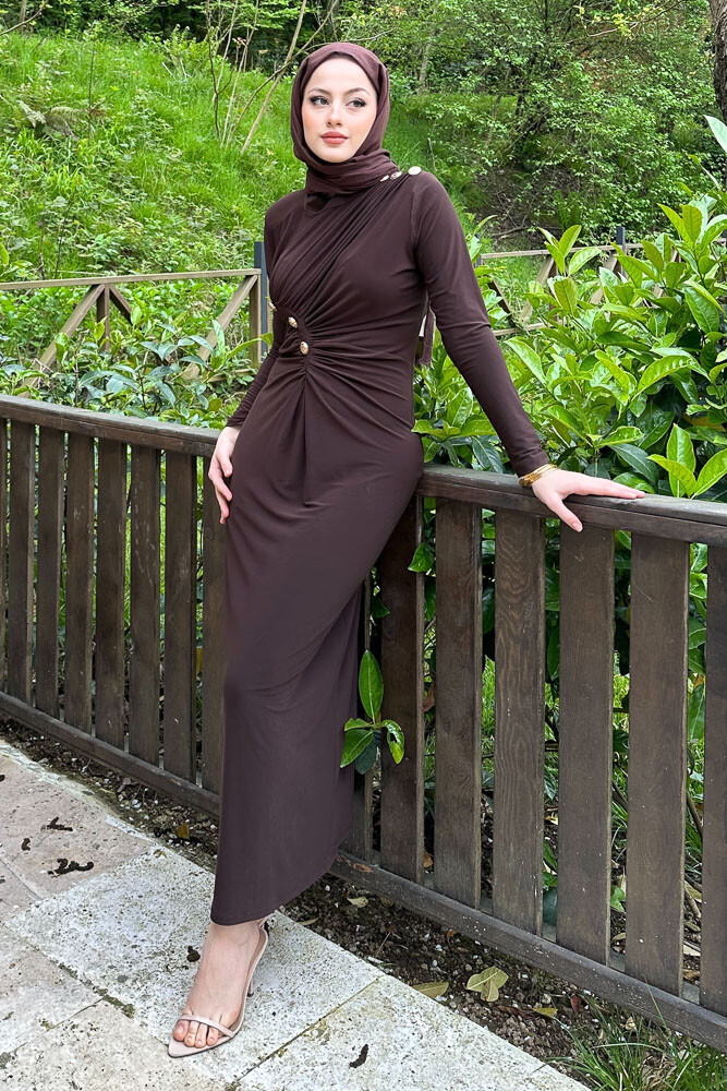 Nessa Gold Düğmeli Elbise - Kahverengi - 1