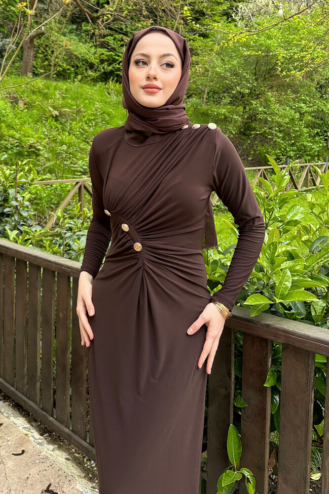 Nessa Gold Düğmeli Elbise - Kahverengi - 5