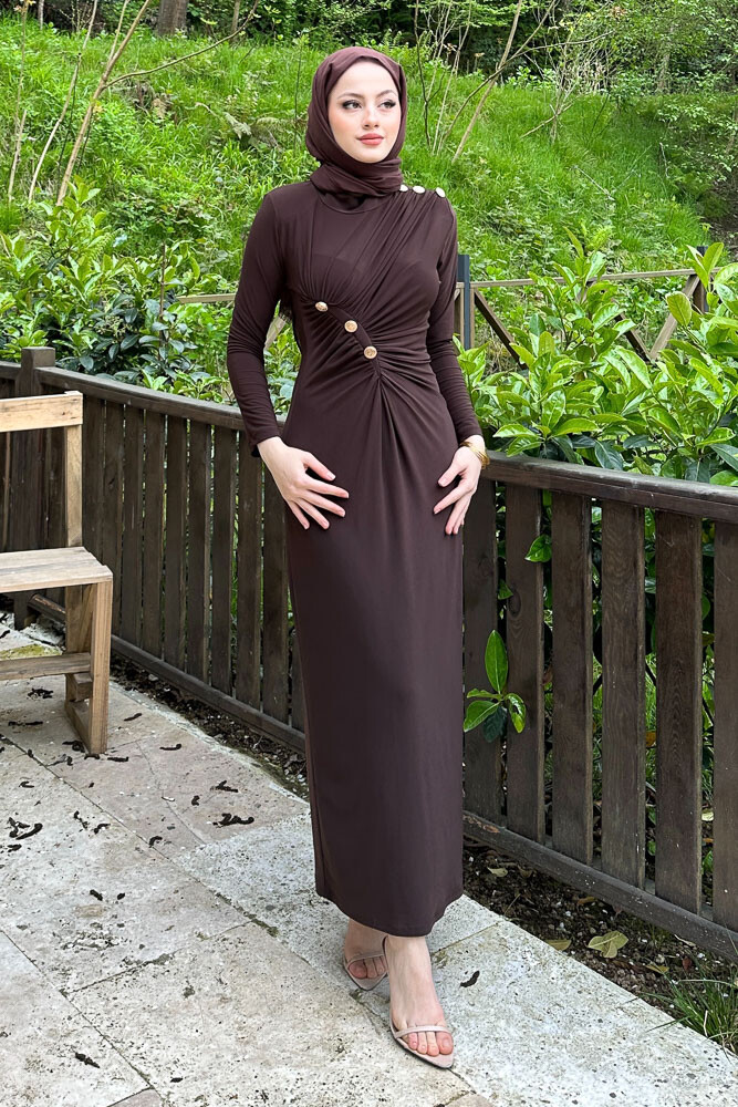 Nessa Gold Düğmeli Elbise - Kahverengi - 3
