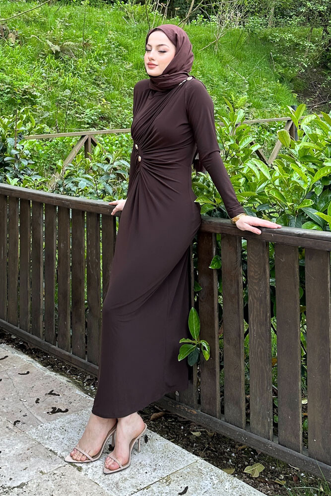 Nessa Gold Düğmeli Elbise - Kahverengi - 4