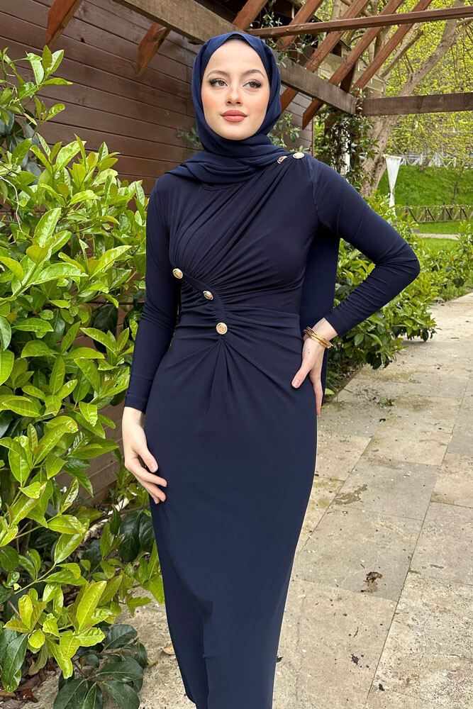 Nessa Gold Düğmeli Elbise - Lacivert - 2